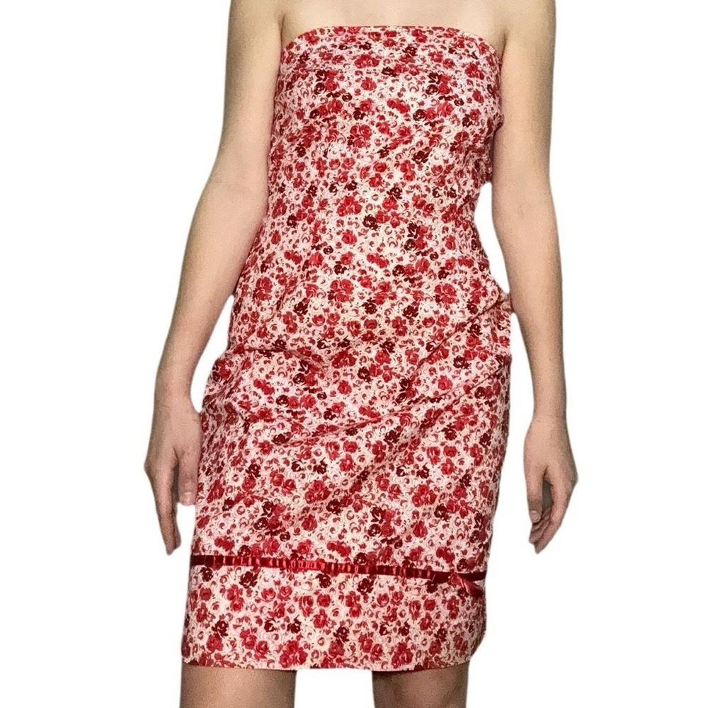La Belle Red and Pink Colored Strapless Floral Dress